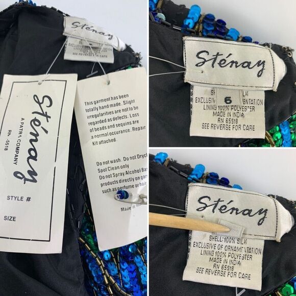 Stenay Silk Beaded Dress Sheath Short Sleeves Blue Black Peacock Feathers Size 6 - Picture 15 of 16